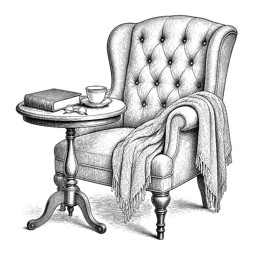Engraving of a wingback armchair with a shawl beside a side table.