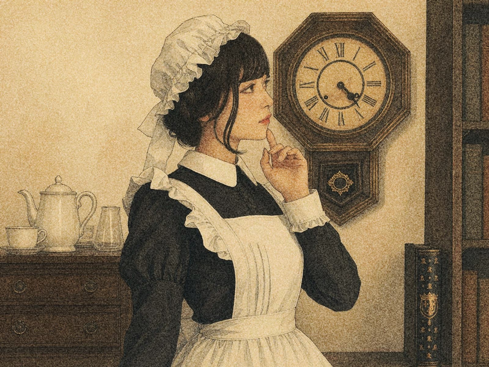 An inked and watercoloured illustration of an Edwardian housemaid in a frilled cap and apron, pausing thoughtfully beneath a wall clock beside a dresser laid with a teapot.