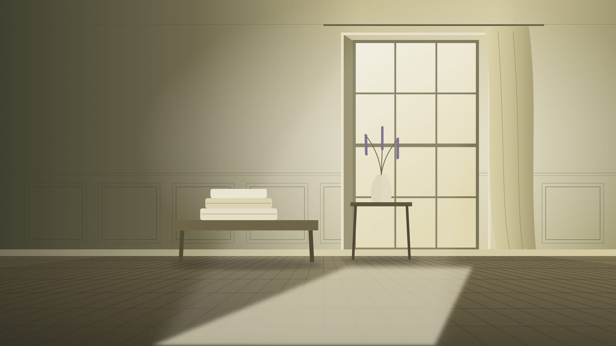 A quiet hallway in morning light, the opening frame of the walkthrough.